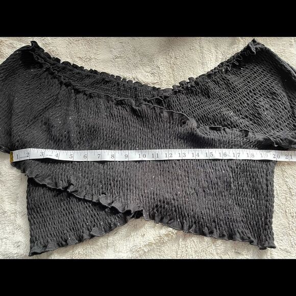 VERONA couture black sparkle smock faux wrap off shoulder crop top with sleeves - Picture 11 of 13